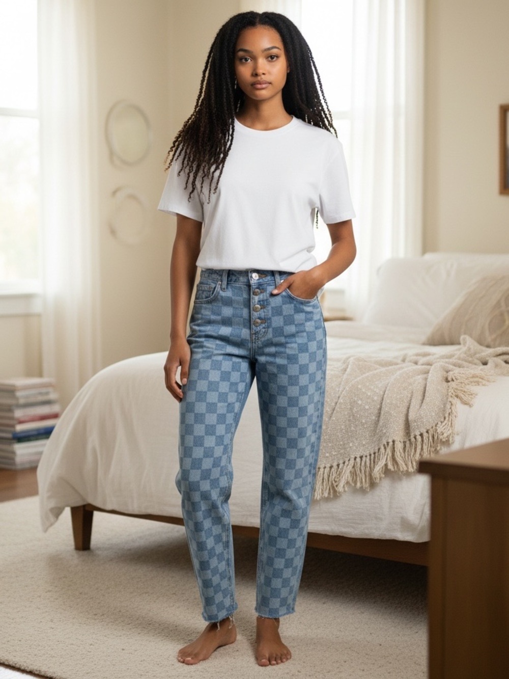 PacSun High-Rise Checkered Light Blue Jeans Frayed Hems